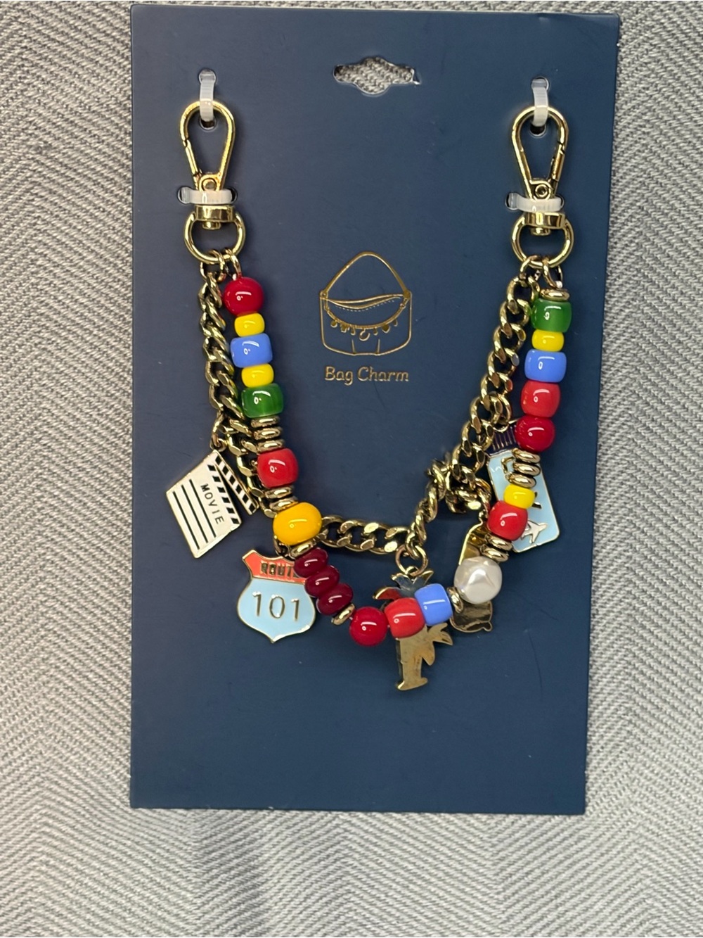 NWT bag charm, palm trees, sunglasses, LAX gold tone hardware beads route 101